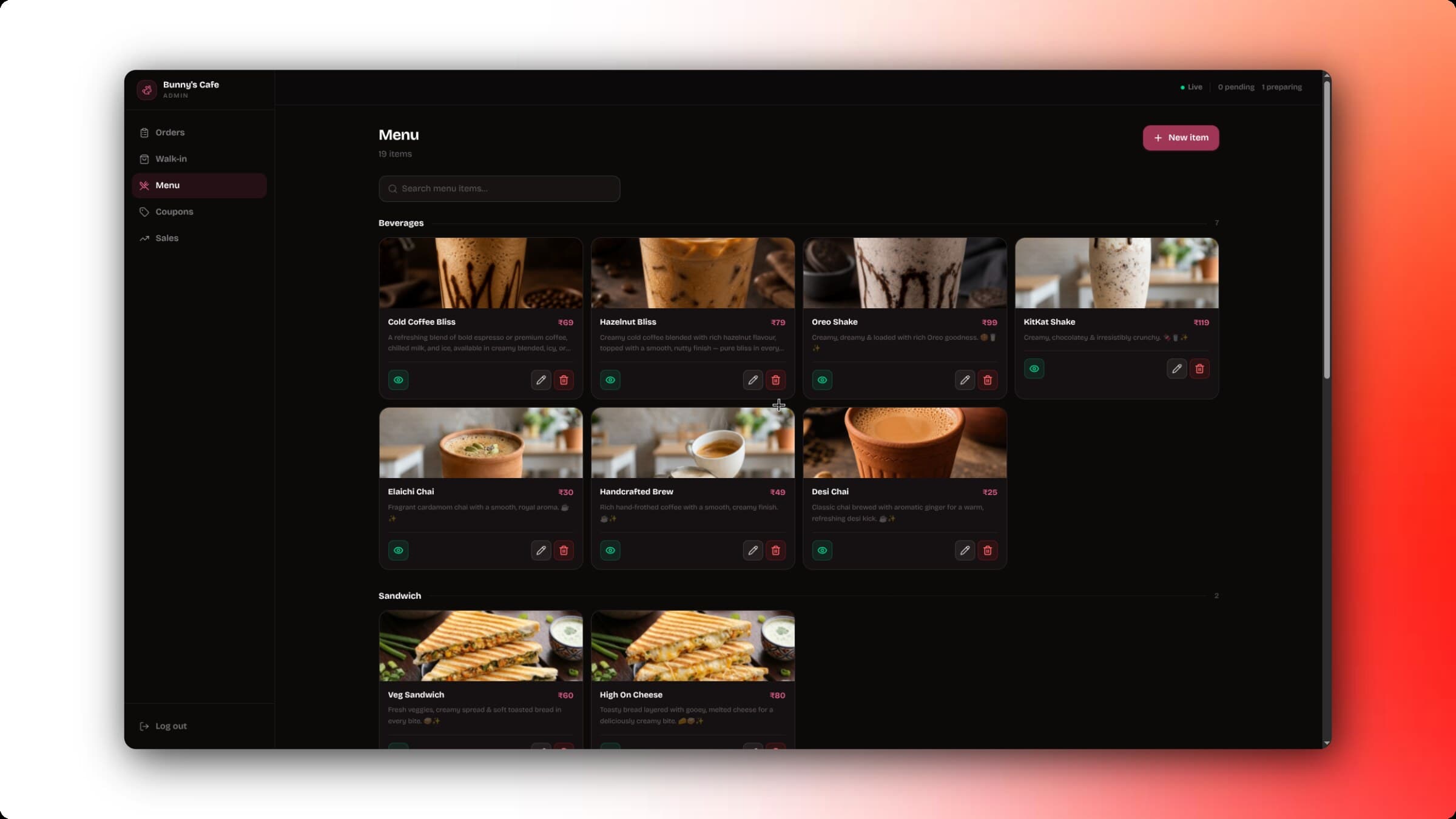 Bunny's Cafe admin dashboard: menu management with live order status